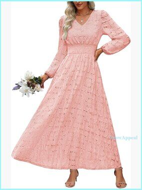 Long Puff Sleeve Floral Maxi Dress V Neck Lace Eyelet Hollow Out A Line